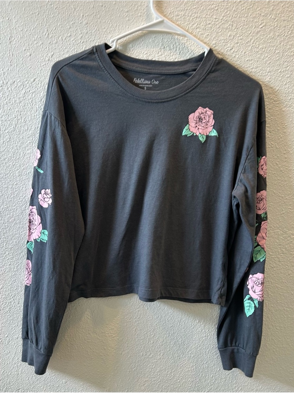Rebellious One Grey Sweatshirt with Pink Rose Motif